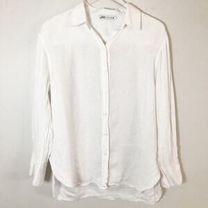 Zara 100% Linen Button Down Shirt White Long Sleeve Collared Blouse Size S